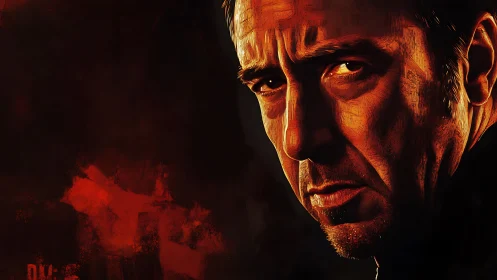 Brooding portrait in fiery light with a quietly intense gaze.