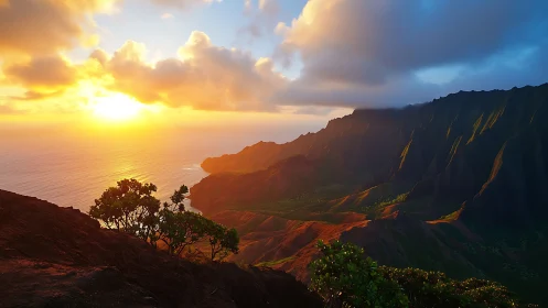 Sunset light rakes across rugged coastal cliffs and Pacific