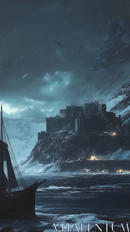 Storm-lashed fortress overlooks icy bay under moody night sky