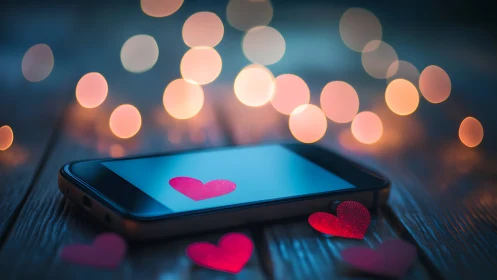 Heart Display on Smartphone Glowing Amidst Bokeh Lights.
