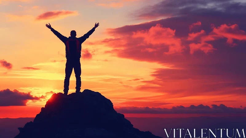 Silhouetted mountaineer atop ridge under saturated sunset sky.