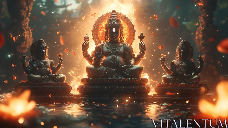 Triptych of illuminated Hindu deities amid volumetric fire halo
