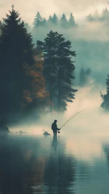 Lone fisherman stands in misty forest lake at sunrise