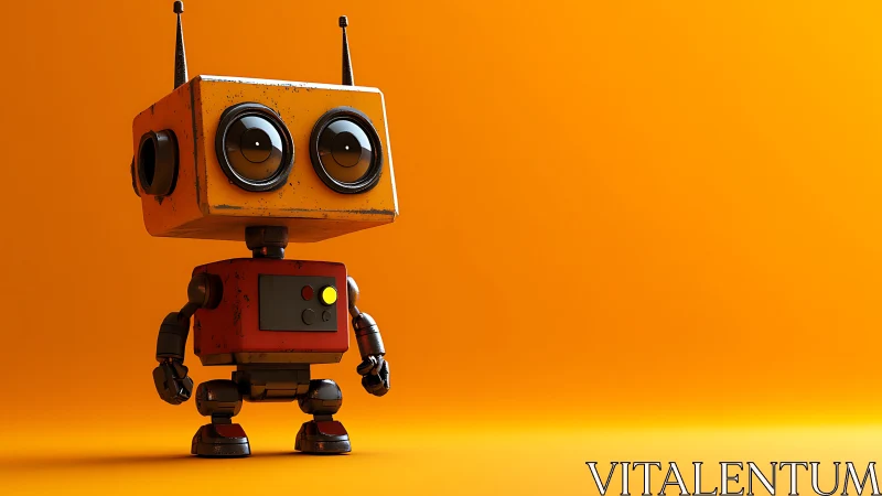 Cheerful orange robot buddy with big curious eyes.