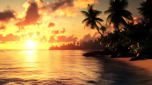 Sunset light intersects coastal palm trees and calm shoreline