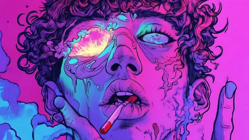 Neon hallucinatory portrait with liquefied facial anatomy.