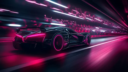 Futuristic hypercar racing through neon tunnel with magenta glow.