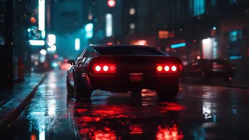 Retro sports car on neon soaked cyberpunk city street.