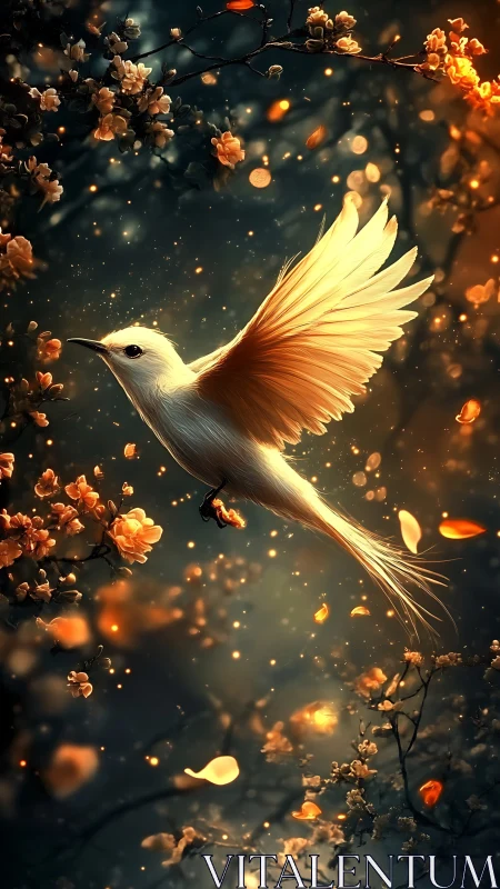 Luminous garden songbird gliding through emberlit blossoms.