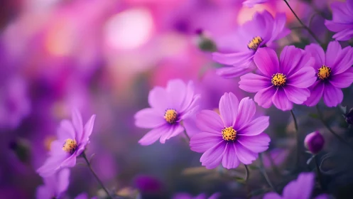 Vibrant Purple Cosmos Flowers Bathed in Warm Golden Light