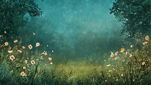 Morning meadow clearing with wildflowers under hazy teal sky