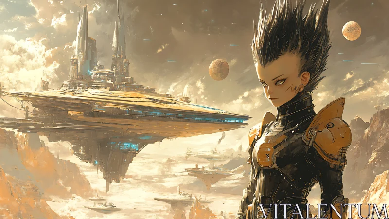 Concept art portrait with armored pilot and floating megastructures.