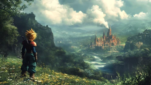 Fantasy digital painting of warrior overlooking river citadel.