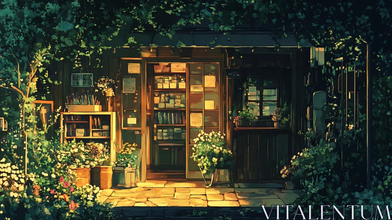 Golden hour façade of ivy-clad garden bookshop entrance.