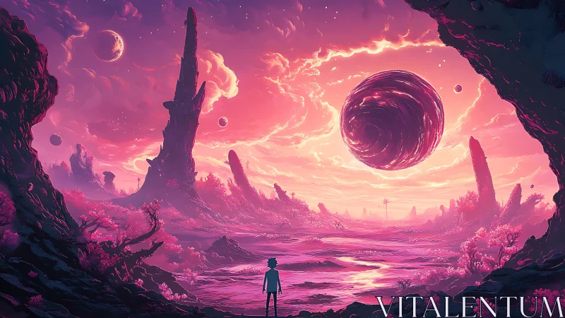 Silhouetted figure observing alien landscape with vortex sphere.