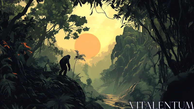 Gentle giant wandering through a misty jungle sunrise.