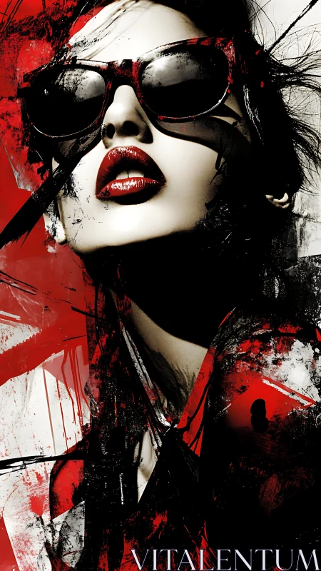 Portrait of woman in sunglasses with abstract red overlay.