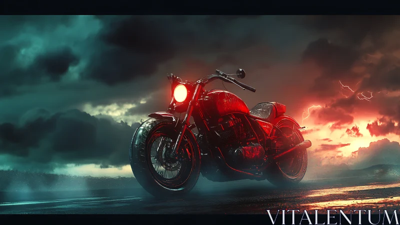 Stormlit crimson motorcycle on wet asphalt at dusk.