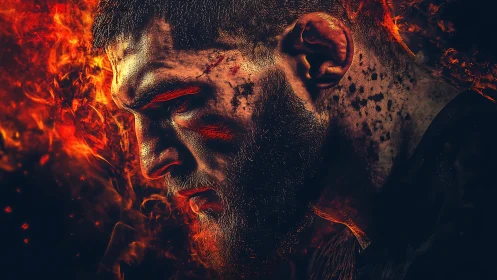 Photorealistic fighter portrait with infernal flame compositing.