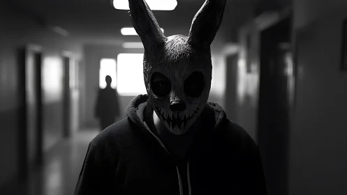 Masked figure stalks a dim hallway in chilling monochrome