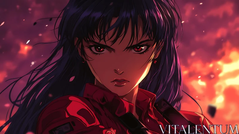 Defiant anime heroine stands amid burning, ember filled chaos