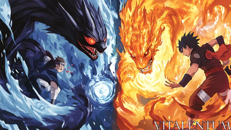 Elemental ninja duel erupts between fire and water spirits.
