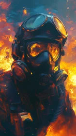 Digital painting of gas-masked figure in engulfing flames.