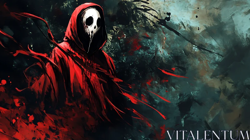 Crimson reaper glides through splintered shadows and bleeding mist