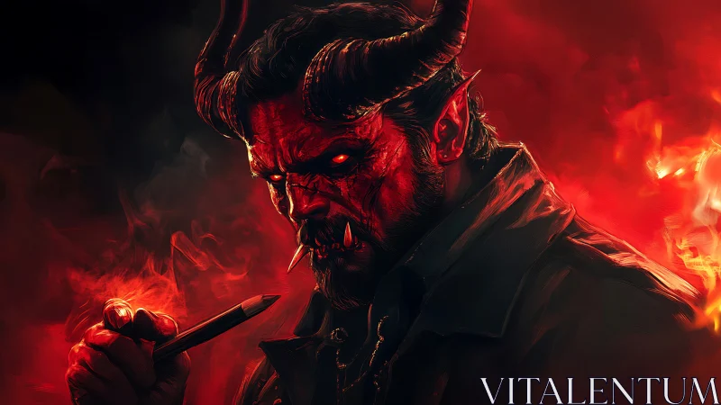 Demonic horned figure grips pencil amid swirling red fire