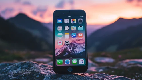 iPhone smartphone displaying iOS home screen positioned on textured rock with alpine sunset backdrop