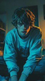 Moody teal orange portrait of pensive youth indoors.