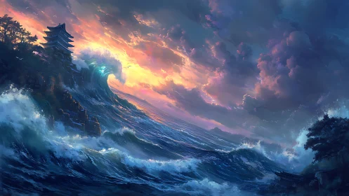 Storm-swept pagoda faces towering waves at fiery sunset.