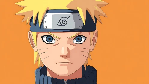 Blond ninja portrait with headband on flat orange ground.