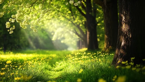 Sunlit forest path with blooming flowers in springtime, nature scene.