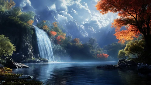 High-contrast alpine waterfall with misted lake and autumn foliage