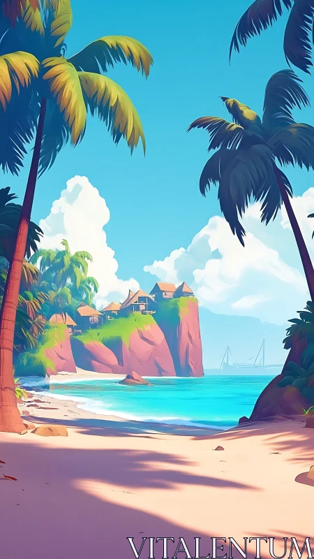 Tropical Coastal Settlement with Palm Trees and Sailboats