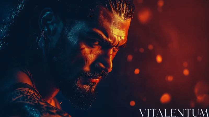 Fierce warrior in firelit glow, lost in focused resolve.