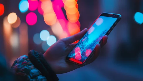 Neon city glow reflected in a quiet moment with a phone.