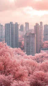 Pink blossom forest embraces tranquil pastel city skyline