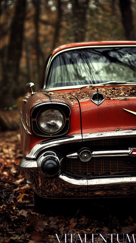 Vintage red classic car rests quietly in an autumn forest