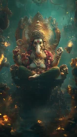 Ganesha enthroned in flame-lit cosmic waters of calm.
