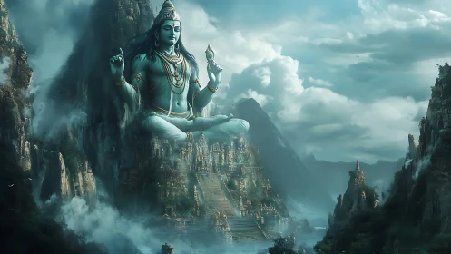 Mountain-breathing colossus meditates above misty shrine city