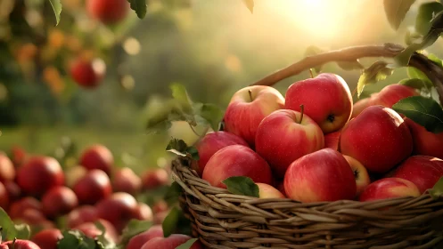 Sunlit garden basket overflows with crisp red orchard apples
