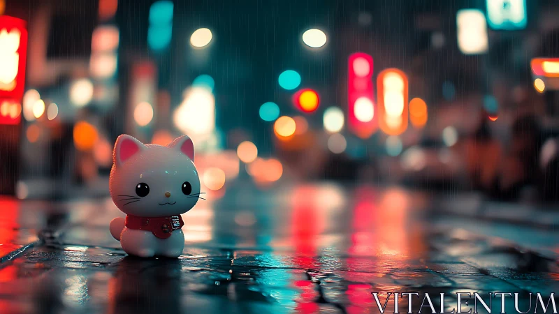 Tiny lucky cat brightens a rainy neon city sidewalk night.