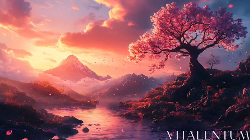 Radiant cherry blossom tree over sunset alpine river vista.