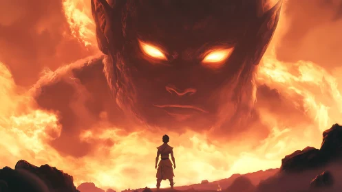 Human figure facing colossal fiery face in burning sky.