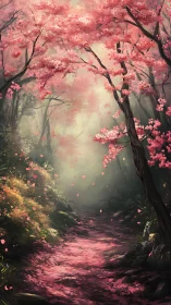 Cherry blossom forest path under soft luminous mist.