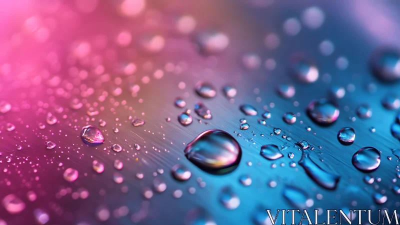 Neon water droplets scatter across brushed metal surface.