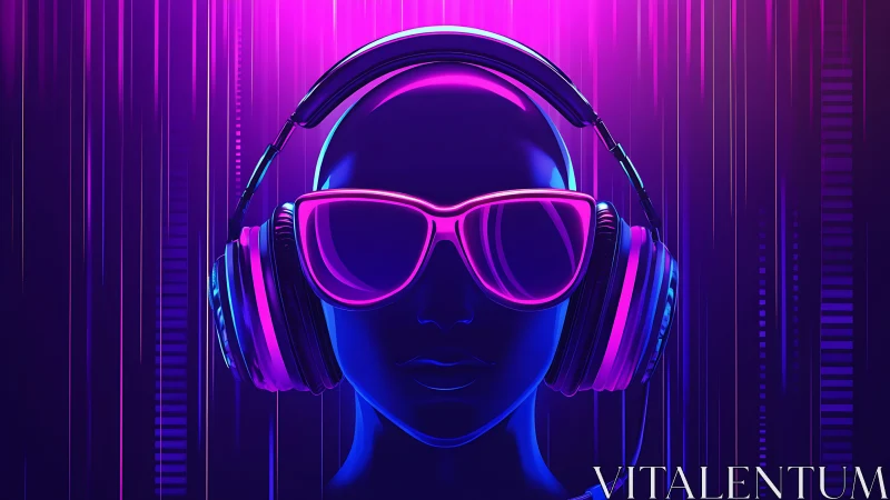 Neon-lit mannequin head wears oversized headphones and glasses