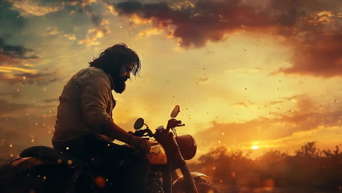 Solitary biker silhouette against blazing sunset sky.